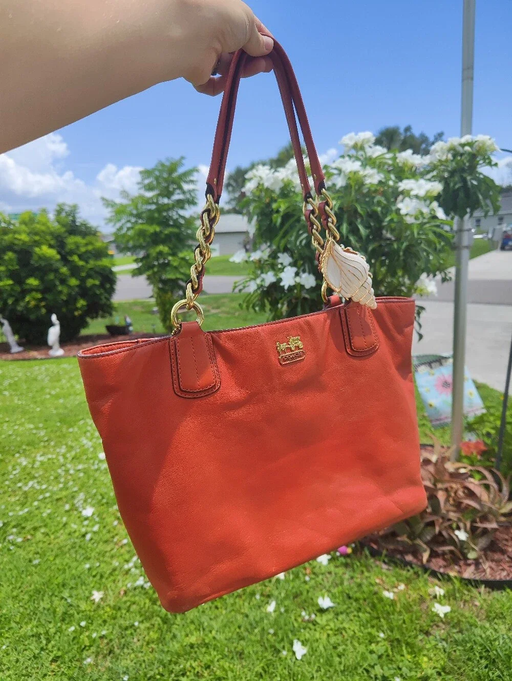 Coach Leather Tote in Rust Orange with Gold Chain Straps